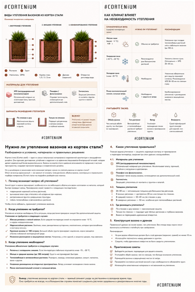 Статья seo оптимизирована по запросам:
вазоны из кортеновской стали
утепление вазонов
утепление вазонов из кортеновской стали
кортен сталь
вазоны Corten
ландшафтный дизайн
архитектурные вазоны
кортеновская сталь
XPS для вазонов
морозостойкость растений
зимовка растений в вазонах
дренаж вазонов
уличные вазоны
металлические вазоны
вазоны для благоустройства